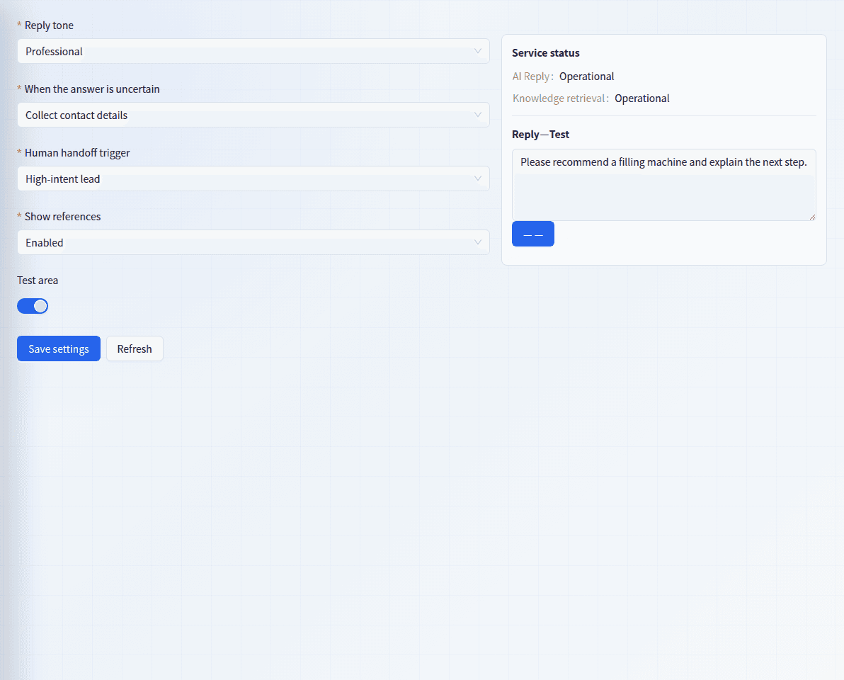InquiryFlowAI AI reply settings showing strategy, service status and answer testing