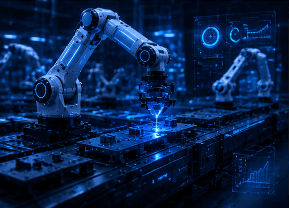 Illustration of automated machinery and a data monitoring interface